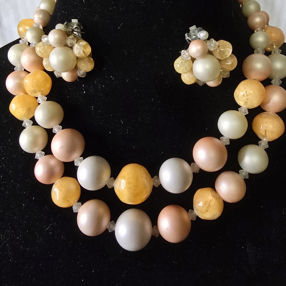 Gold and Cream Double Strand Necklace with Floral Clusters